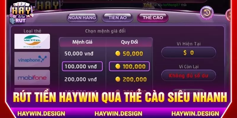 Rút tiền Haywin qua thẻ cào siêu nhanh